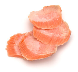 smoked salmon segments isolated on white background cutout. Prepared fish fillet fibres.