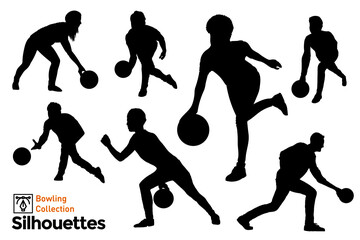 Collection of isolated bowling players silhouettes. People in different poses having fun.