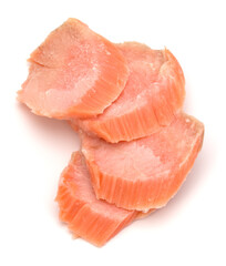 smoked salmon segments isolated on white background cutout. Prepared fish fillet fibres.