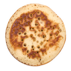 One pancake isolated on white background cutout. Top view.