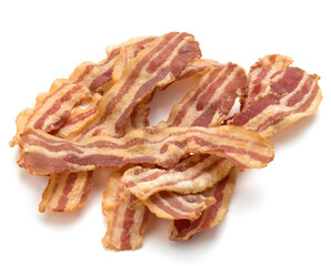 cooked crispy slices of bacon isolated on white background