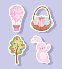 set happy easter cute rabbit egg basket tree flowers and air balloon