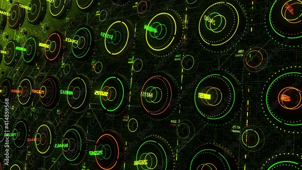 Poster Abstract digital background made of different colorful shapes with rotating elements elements and digits. Animation. Concept of digital data processing. 
