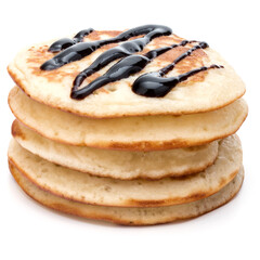 Pancakes  stack with chocolate syrup on white background