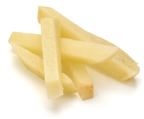 Raw Potato sliced strips prepared for French fries isolated on white background