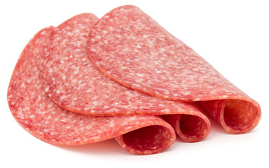 Salami smoked sausage slices isolated on white background
