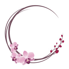 Delicate orchids blossom wreath or round frame with pink flowers
