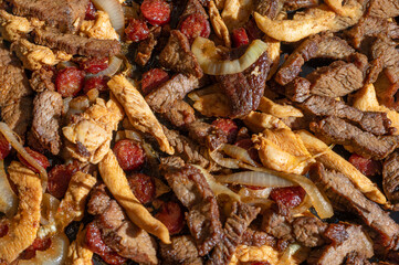 Brazilian meat. Cutting board. Veal, pork, chicken, pork nipple, grilled and cut into pieces. Meat on a plate. Top view.