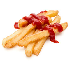 French Fried Potatoes with ketchup isolated on white background