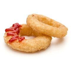 Crispy deep fried onion or Calamari ring with ketchup isolated on white background