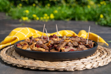 Brazilian meat. Cutting board. Veal, pork, chicken, pork nipple, grilled and cut into pieces. Meat on a plate.