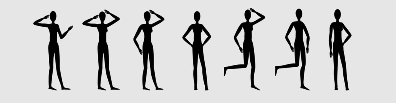Silhouette of a female figure in different poses, set of 1, standing figure , different positions of legs and arms, manequin suitable for clothing designs, vector character