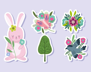 spring rabbit flowers tree bird butterfly stickers set