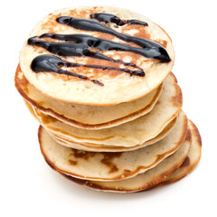 Pancakes  stack with chocolate syrup on white background