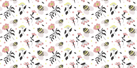 Cute vector seamless pattern with bees, flowers, berries in pink, yellow colors on a white background drawn in the doodle style.