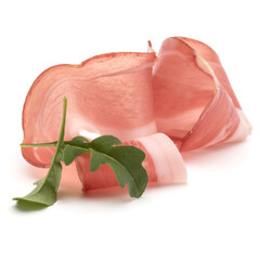 Italian prosciutto crudo or jamon. Raw ham. Isolated on white background