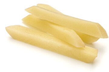 Raw Potato sliced strips prepared for French fries isolated on white background