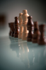 Chess pieces lined up on a table white and black