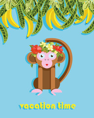 summer, bright illustration, postcard with a cute monkey in a wreath of tropical flowers and leaves on a background of bananas, vector graphics