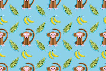 seamless pattern with cute monkey, bananas and tropical leaves, colorful, bright, summer background, vector graphics