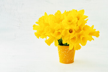 Yellow narcissus or daffodil bouquet in a yellow vase on light background. Holiday background, copy space. © Laima Gri