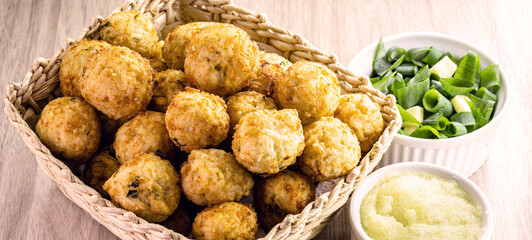 Brazilian rice cake, made in a wing, fried rice appetizer, herbs, seasoning and salt
