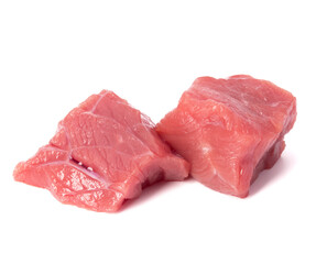 Raw chopped beef meat pieces isolated om white background cut out.