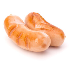 Two grilled sausages isolated on white background cutout