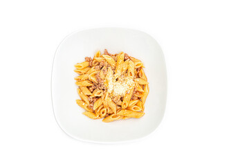 Homemade dish of delicious italian penne pasta with slowcooked bolognese ragu sauce and cheese. Top view. Concept Italian Cuisine