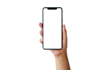 The hand is holding the white screen, the mobile phone is isolated on a white background with the...