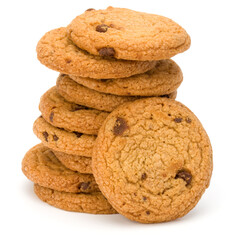 Stacked Chocolate chip cookies isolated on white background. Sweet biscuits. Homemade pastry.