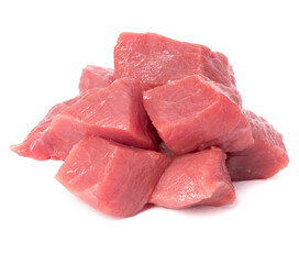 Raw chopped beef meat pieces isolated om white background cut out.