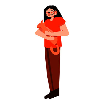 Mujer simplista de tonos naranjas sosteniendo un gato