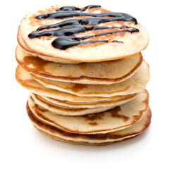 Pancakes  stack with chocolate syrup on white background
