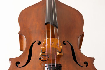 Contrabass details. Wooden string instrument close up. White background