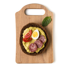 Open  faced sausage sandwich canape or crostini on a wooden serving board  isolated on white background closeup. Top view.