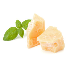 shredded parmesan cheese and basil leaf isolated on white background cutout