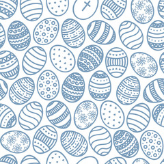 Vector Doodle Easter Eggs seamless pattern. Cartoon hand drawn traditional religious Holiday symbols. Cute blue white background, backdrop for design print, wrapping paper, packaging, textile