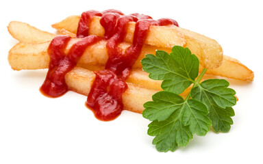 French Fried Potatoes with ketchup isolated on white background