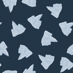 Minimalistic arctic seamless pattern with nature light blue iceberg random ornament. Dark navy blue background.