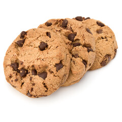 Three Chocolate chip cookies isolated on white background. Sweet biscuits. Homemade pastry.