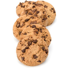Chocolate chip cookies isolated on white background. Sweet biscuits. Homemade pastry.