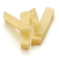 Raw Potato sliced strips prepared for French fries isolated on white background