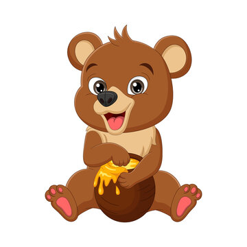 Cartoon funny baby bear sitting and eating sweet honey from the pot