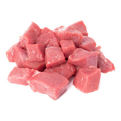 Raw chopped beef meat pieces isolated om white background cut out.