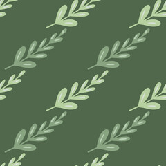Doodle hand drawn style seamless pattern with simple branches ornament. Green olive background.