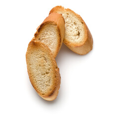 Toasted baguette slices isolated on white background close up.  Toast, crouton.   Top view.