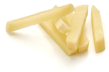 Raw Potato sliced strips prepared for French fries isolated on white background