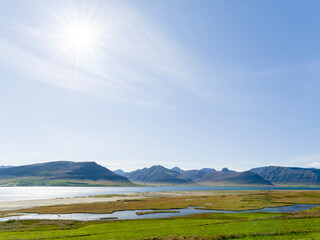 Landscape at fjord Dyrafjordur. View towards the mountains of the Thingeyri peninsula, northwest Iceland.