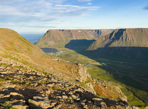 Bolungarvik at coast of Isafardardjup. The Westfjords (Vestfirdir) in Iceland.